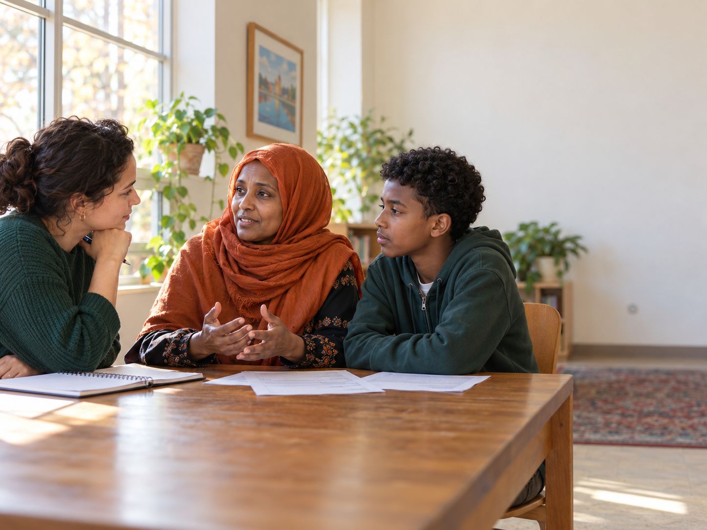 A community worker listens closely as a mother in an orange headscarf and her teenage son talk through their papers at a wooden table.