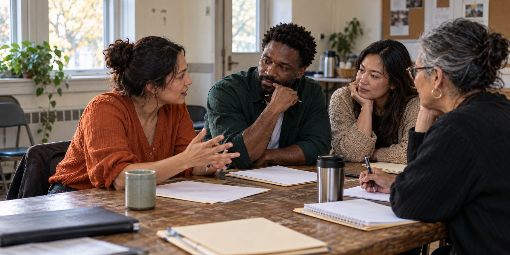 Four people of different backgrounds talk together around a table with notes and papers in a bright community room.