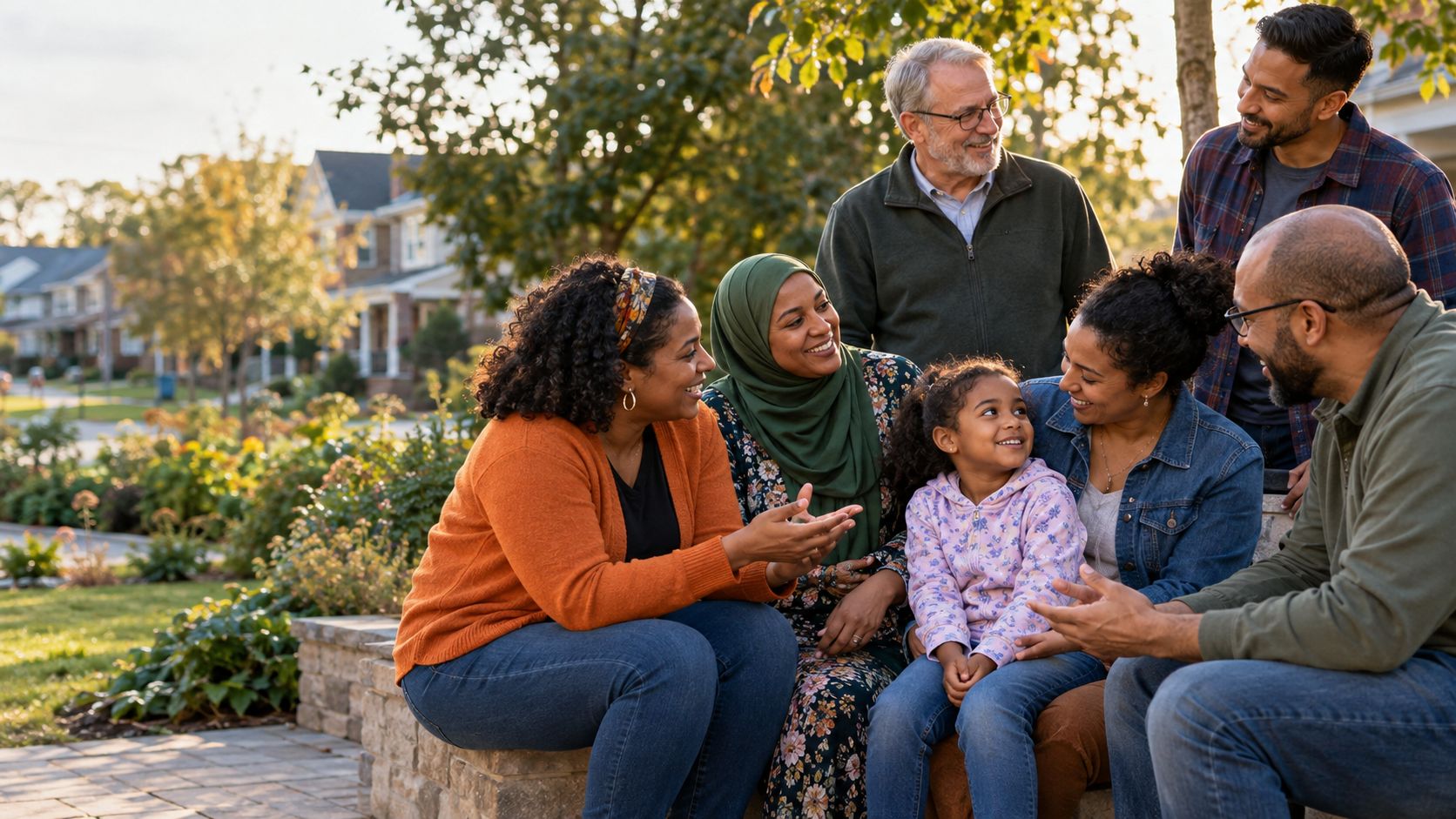 Neighbors of different ages and backgrounds talking together on a stone bench in a residential park in autumn.