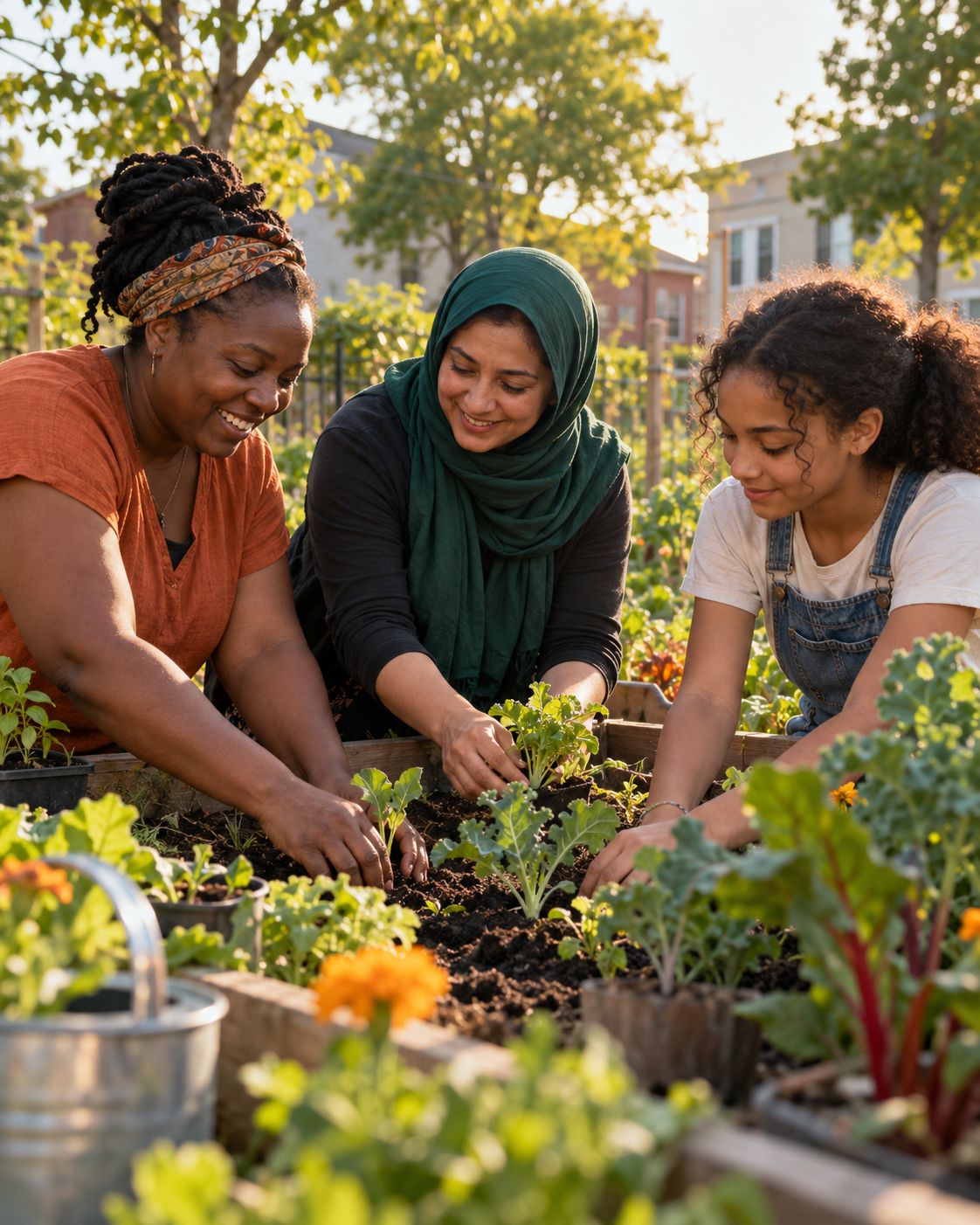 Three women of different ages and backgrounds plant vegetables together in a raised bed at a sunny community garden.